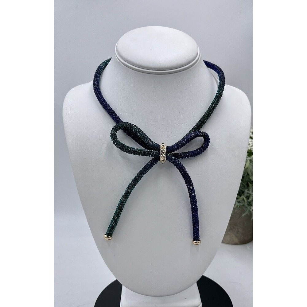 Betsey Johnson Mesh Bow Collar Necklace‎ Ombre Blue With Crystal Accents